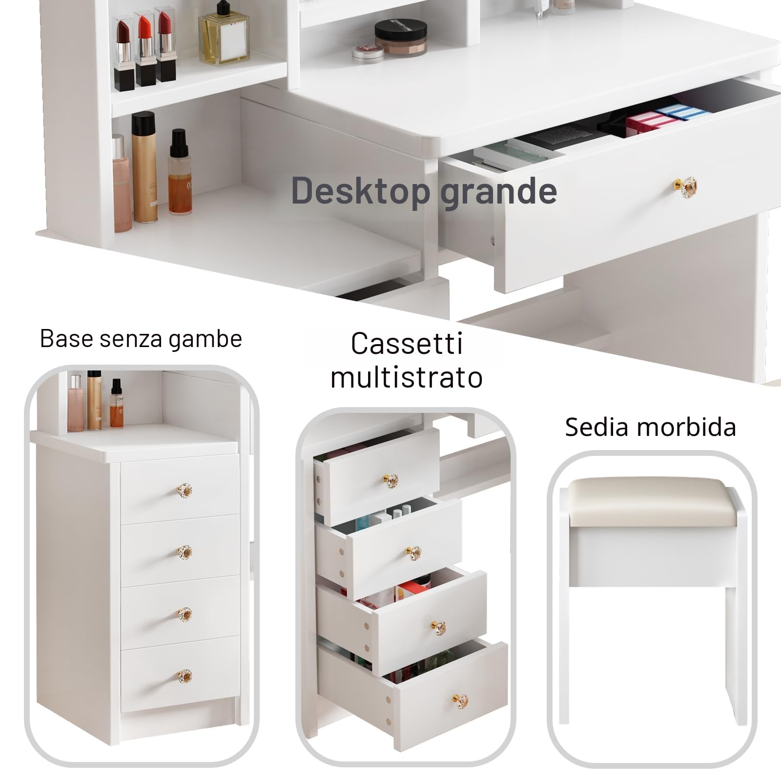 YuYe Tavolo da trucco con illuminazione LED, specchio con luminosità regolabile, tavolo da trucco con sedia, toeletta con 5 cassetti e 3 ripiani, moderno tavolo da trucco in legno bianco (154)
