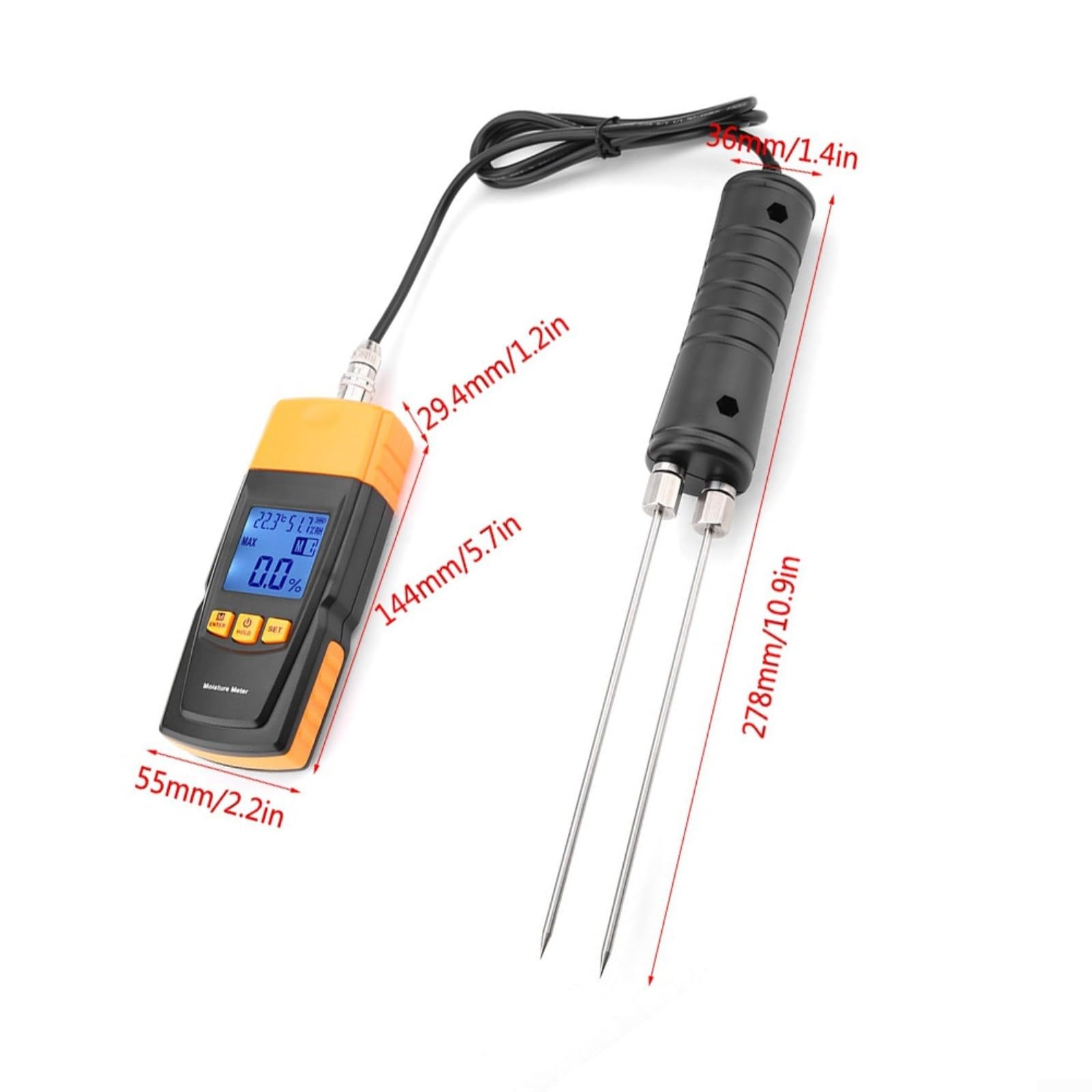 GM620 - Misuratore di umidità del legno digitale con display LCD, 4 campi di misurazione regolabili per 2-70%, tester di umidità portatile per legno, cotone e carta, tipo split con punta di prova