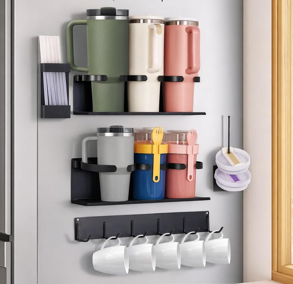 HAMARA Fiber-Steel Magnetic Stanley Cup Holder for Fridge – 5-Piece Tumbler & Lid Organizer Set with Straw Rack & Hook Rail, Water Bottle Storage, Stanley Cup Accessories for Kitchen & Pantry