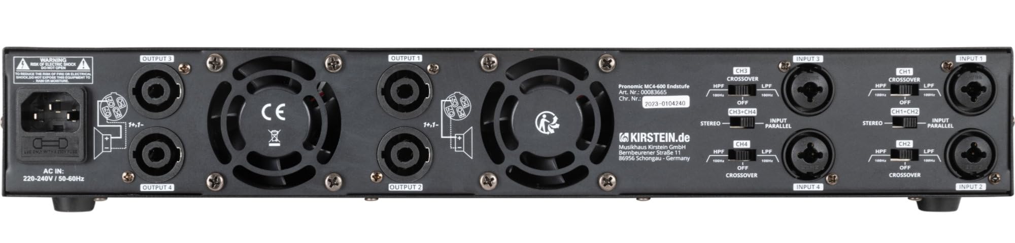 Pronomic MC4-600 Endstufe - Ausgangsleistung (8 Ohm): 4x 600 Watt - Ausgangsleistung (4 Ohm): 4x 900 Watt - Stereo- oder Parallel-Modus - Einstellbare Crossover-Frequenz - Schaltungstyp: Class D