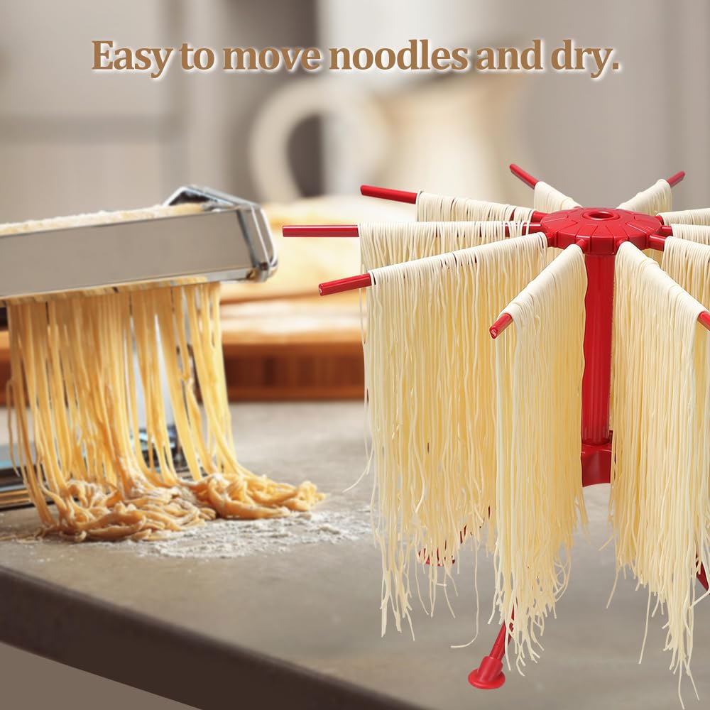 Ourokhome Składany stojak do suszenia makaronu, plastikowy, składany, domowy stojak na świeże spaghetti, suszarka na makaron, wieszak do kuchni z 10 ramionami, stabilny, łatwy do przechowywania