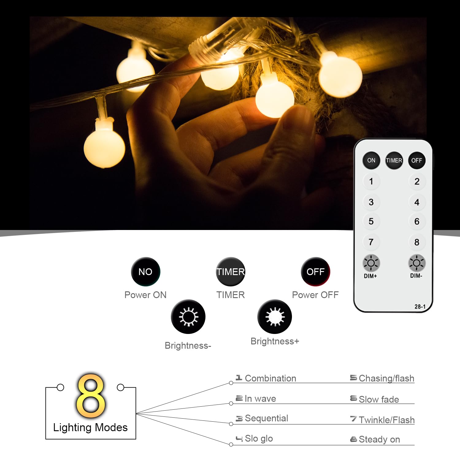 Girlanda świetlna sferyczna, 15 m, 120 diod LED, do użytku na zewnątrz/wewnątrz, z gniazdkiem, 8 trybów z pilotem do sypialni, wnętrz, ogrodu, na Boże Narodzenie i wesele (ciepła biel)
