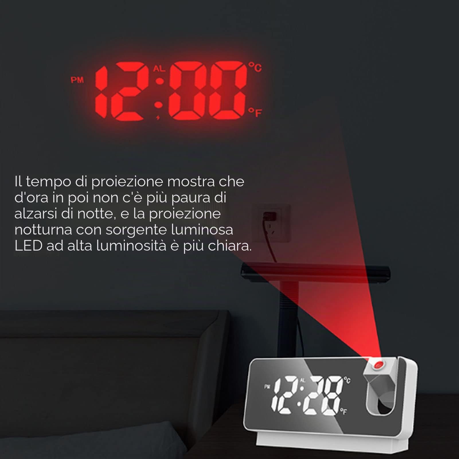 Orologio Digitale con Proiezione LED per Camera da Letto, Sveglia con Display di Ora, Data e Temperatura, Proiettore Regolabile 180° per Parete e Soffitto, USB Caricabile (Bianco)