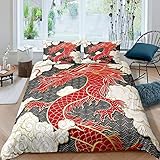 Homewish Chinese Dragon Bedding Set 3pcs for Kids Red Dragon and White Cloud Print Comforter Cover Mythology Duvet Cover Set Microfiber Bedspread Cover with 2 Pillow Cases(No Comforter) King Size