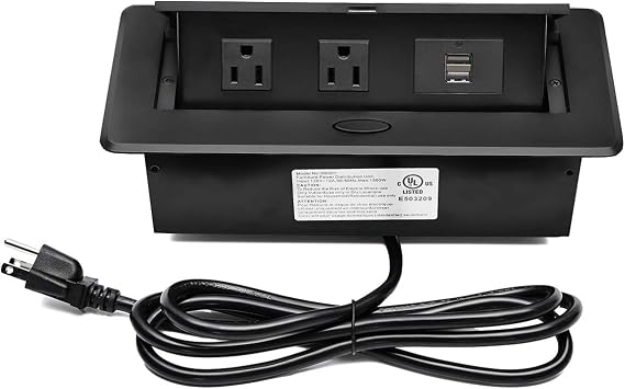 UL Listed Power Strip, Kungfuking Pop Up Power Cover Box Desktop Socket with Dual USB Charging Ports, Stainless Steel Receptacle Outlet for Conference Room Countertop Black