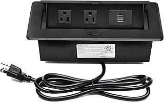 UL Listed Power Strip, Kungfuking Pop Up Power Cover Box Desktop Socket with Dual USB Charging Ports, Stainless Steel Receptacle Outlet for Conference Room Countertop (Black)
