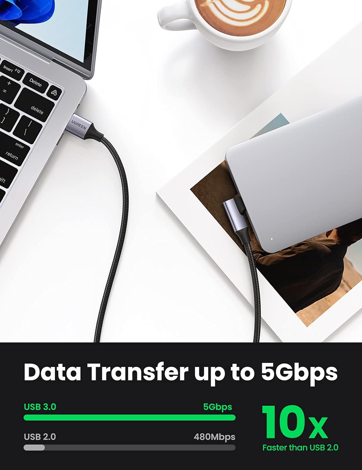 UGREEN USB A to USB C cable connecting a laptop to an external hard drive for 5Gbps data transfer.
