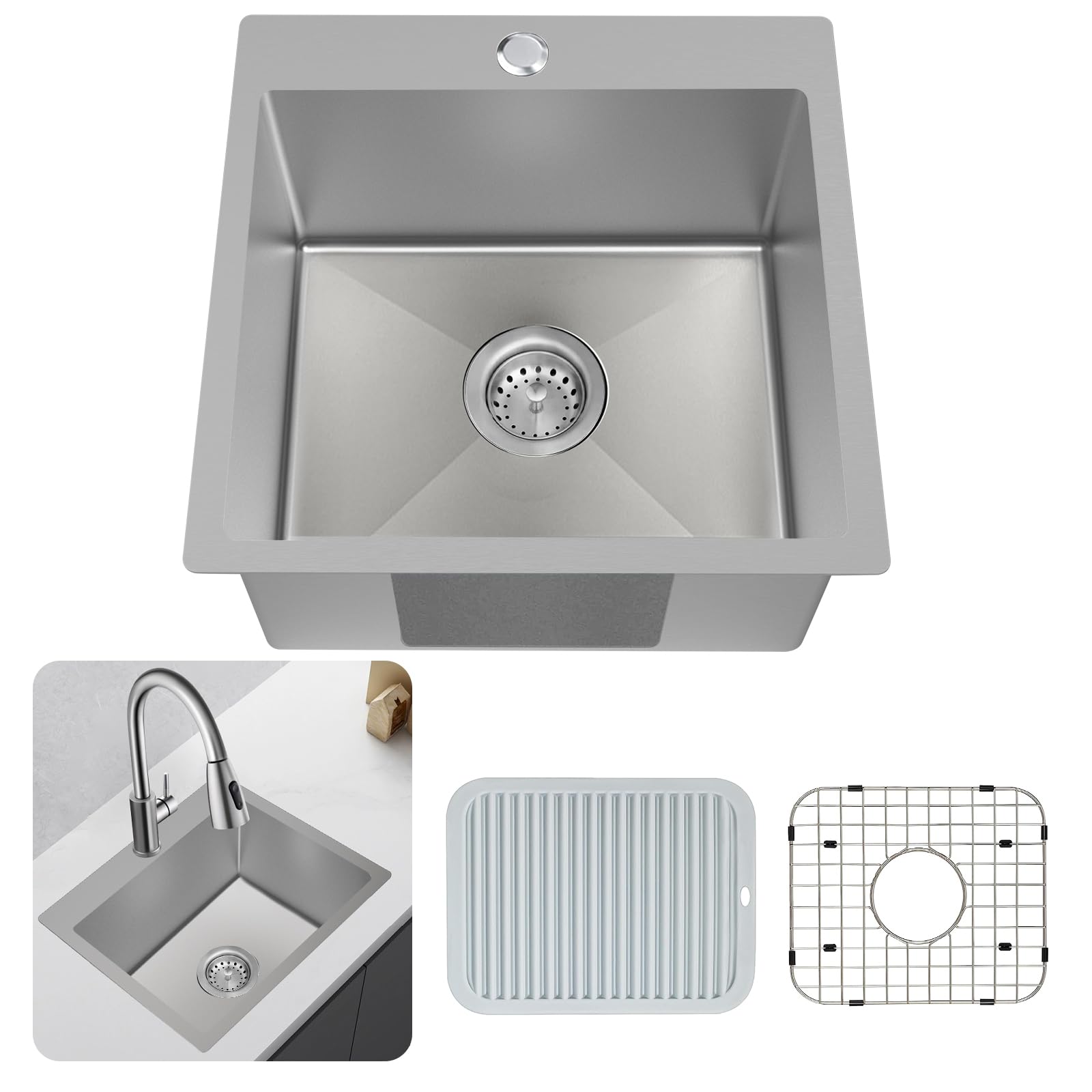 Kitchen Sink, Stainless Steel 18 x 18 Inch Grey Bar Sink Top Mount Kitchen Sink Single Bowl Drop In Kitchen Sink Set - Sink Grid, Silicon Mat, Retracable Basket For Modern Stylish Kitchen