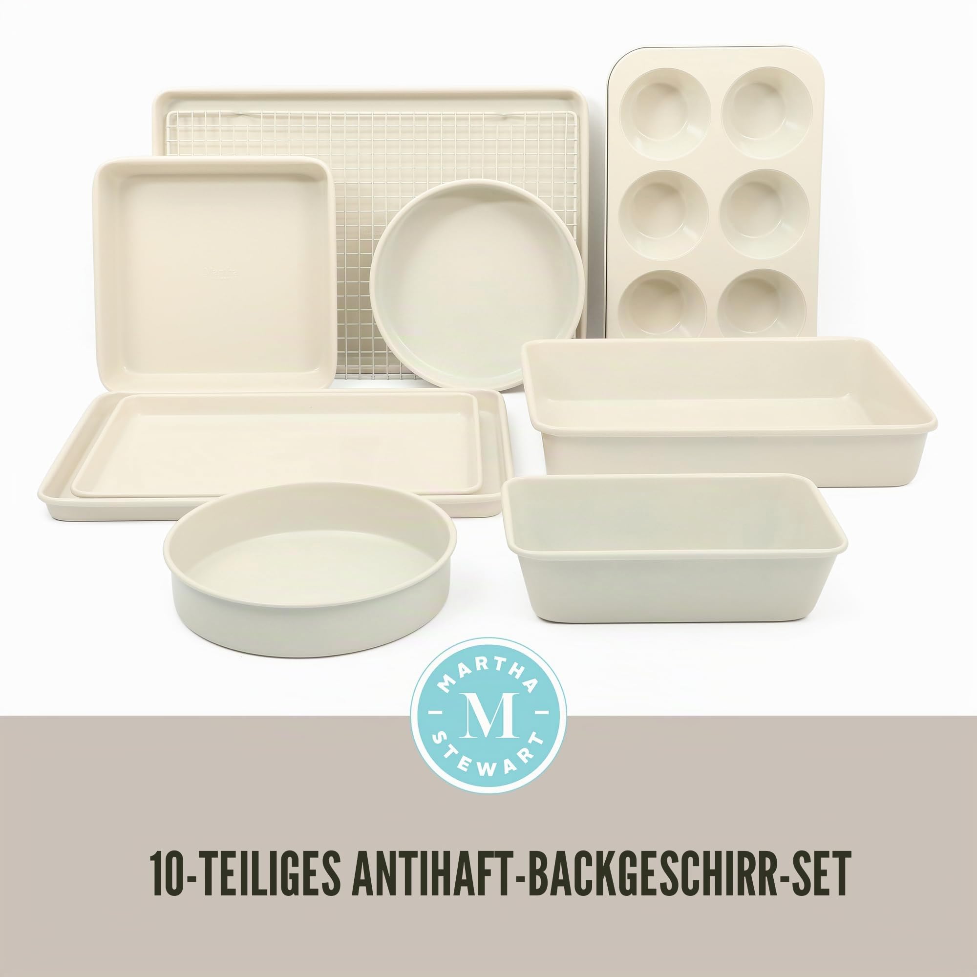 Martha Stewart Gallen 10-teiliges Backformen-Set aus Keramik, PFA-frei, ungiftig, antihaftbeschichtet, Leinenweiß