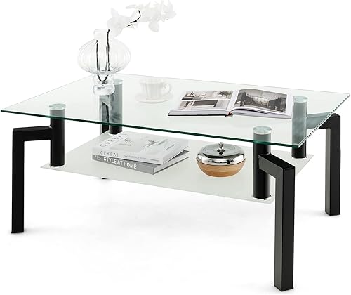 Miniatura 3 de Tangkula Mesa auxiliar rectangular de cristal mesa de cóctel central de 2 niveles con mesa de vidrio templado estante y patas de tubo de metal mesa