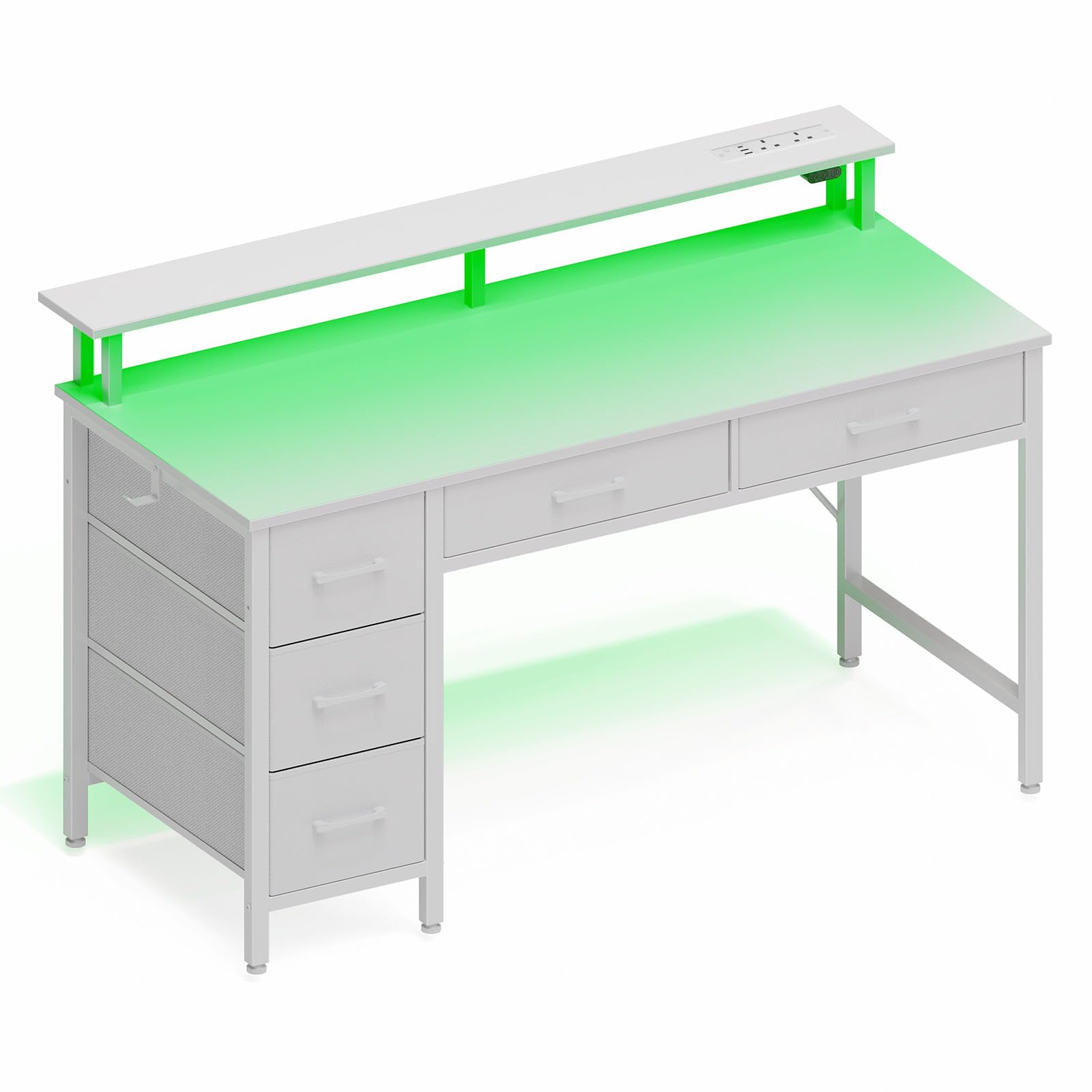 Seventable 140cm Computer Desk with LED Lights, USB Ports & Power Outlets, Monitor Stand and 5 Storage Drawers – Home Office Desk, Study Desk for Bedroom or Small Spaces, White