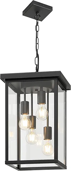 LOUSACE 16'' Black Outdoor Pendant Light 4-Light Large Outside Pendant Porch Lights Ceiling Haninging Outdoor Chandelier with Clear Glass Exterior Light Fixtures Lantern for Front Door Foyer Doorway
