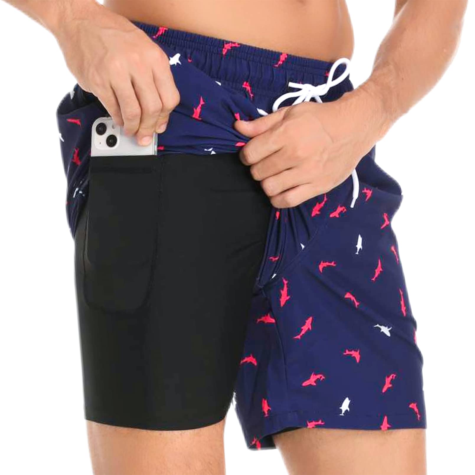 AisprtsSwimming Shorts Men Swimming Trunks with Compression Liner 2 in 1 Quick Dry Water Repellent Mens Swim Shorts Board Shorts Beach Shorts with 2 Zipper Pockets