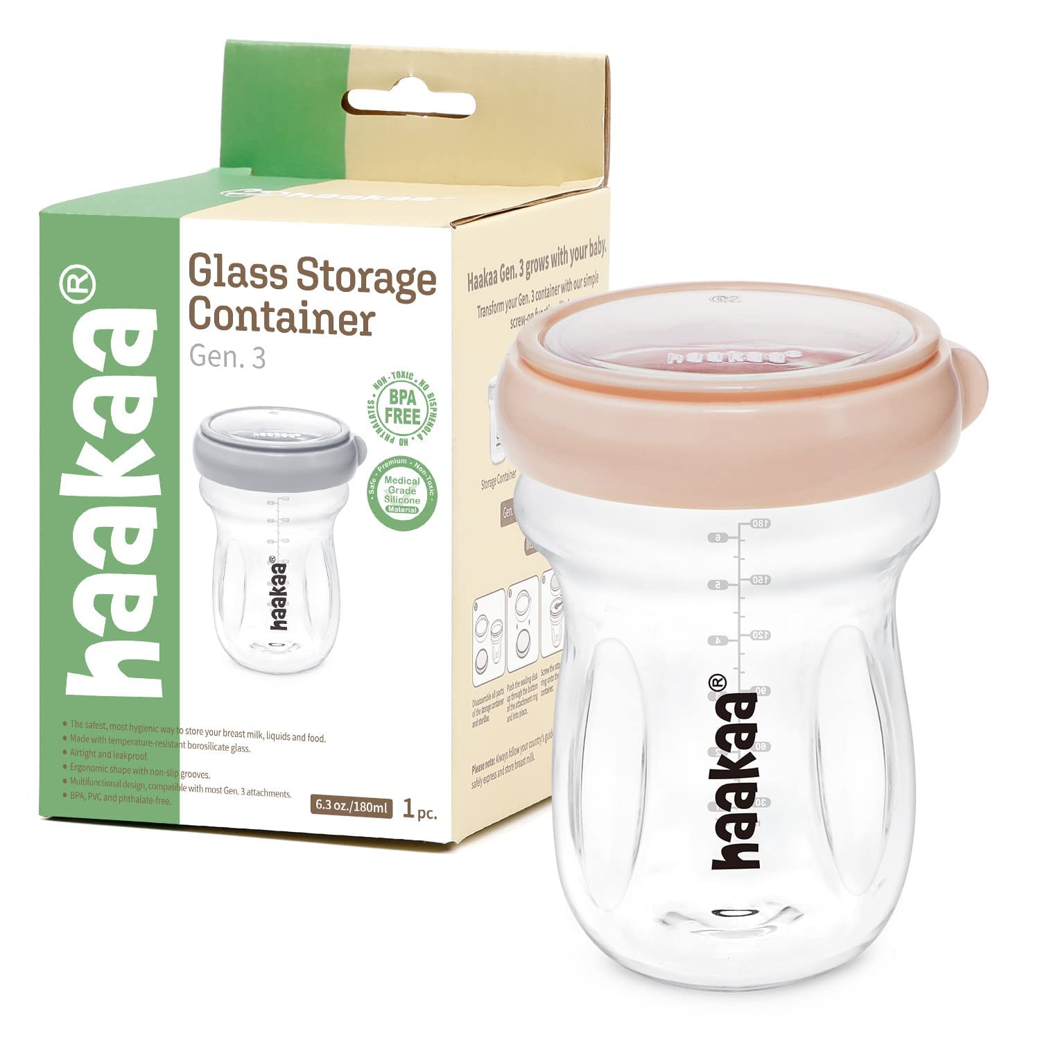 haakaa Glass Baby Food Storage Jar- Food Storage Container Airtight Lid-Wide Neck Gen.3 Baby Bottle -Leakproof BPA-Free 0m+ Newborn Babies(Peach,