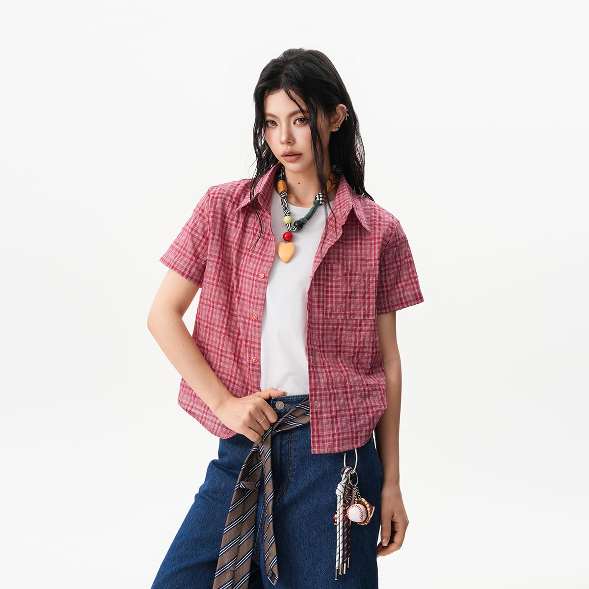 Chemise Femme à Carreaux Vintage, Manches Courtes, Slim