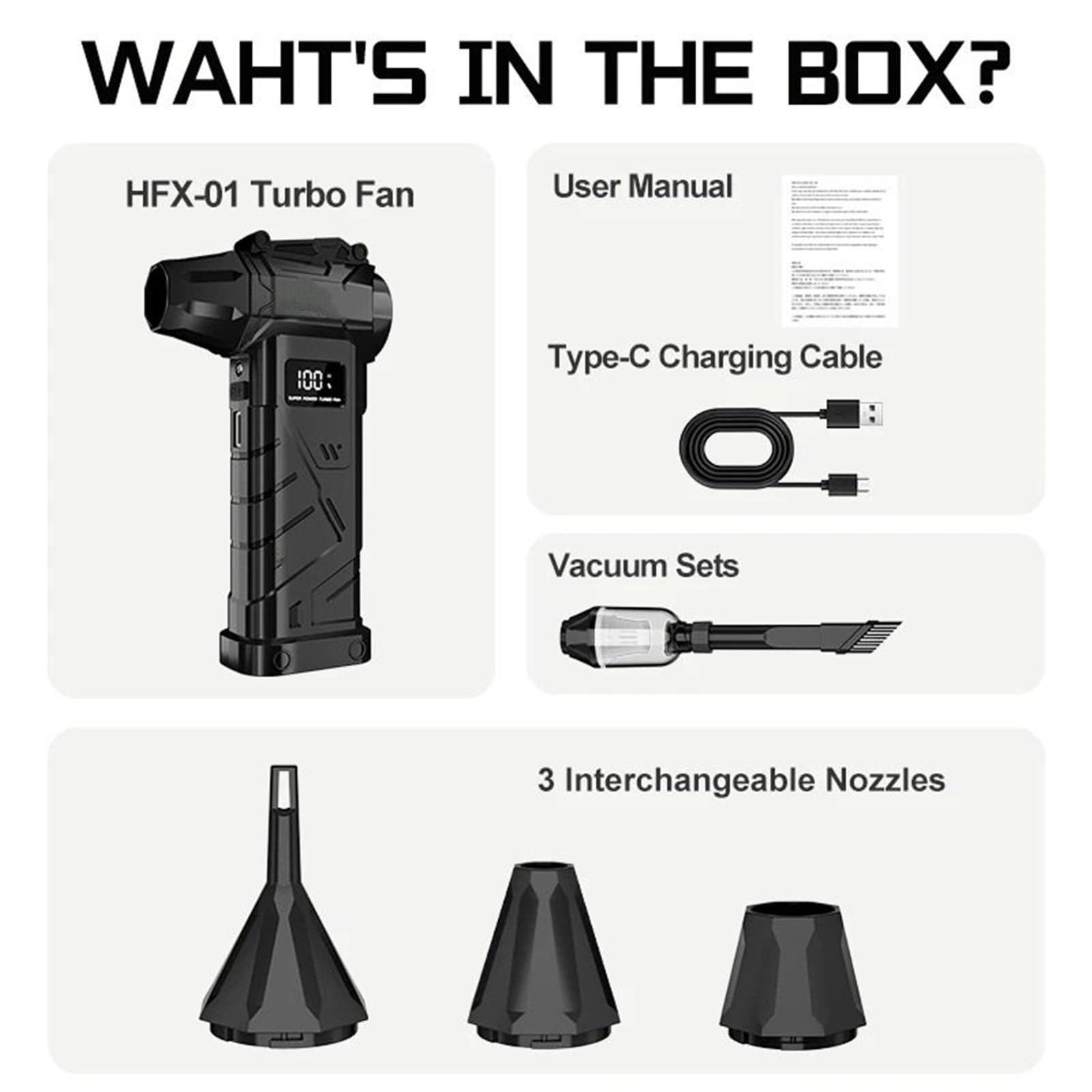 Soplante coche Soplador de aire HFX-08 130000Rpm Turbo ventilador 10000mAh batería 0-100 engranajes ajustables velocidad del viento(HFX-08-XC)