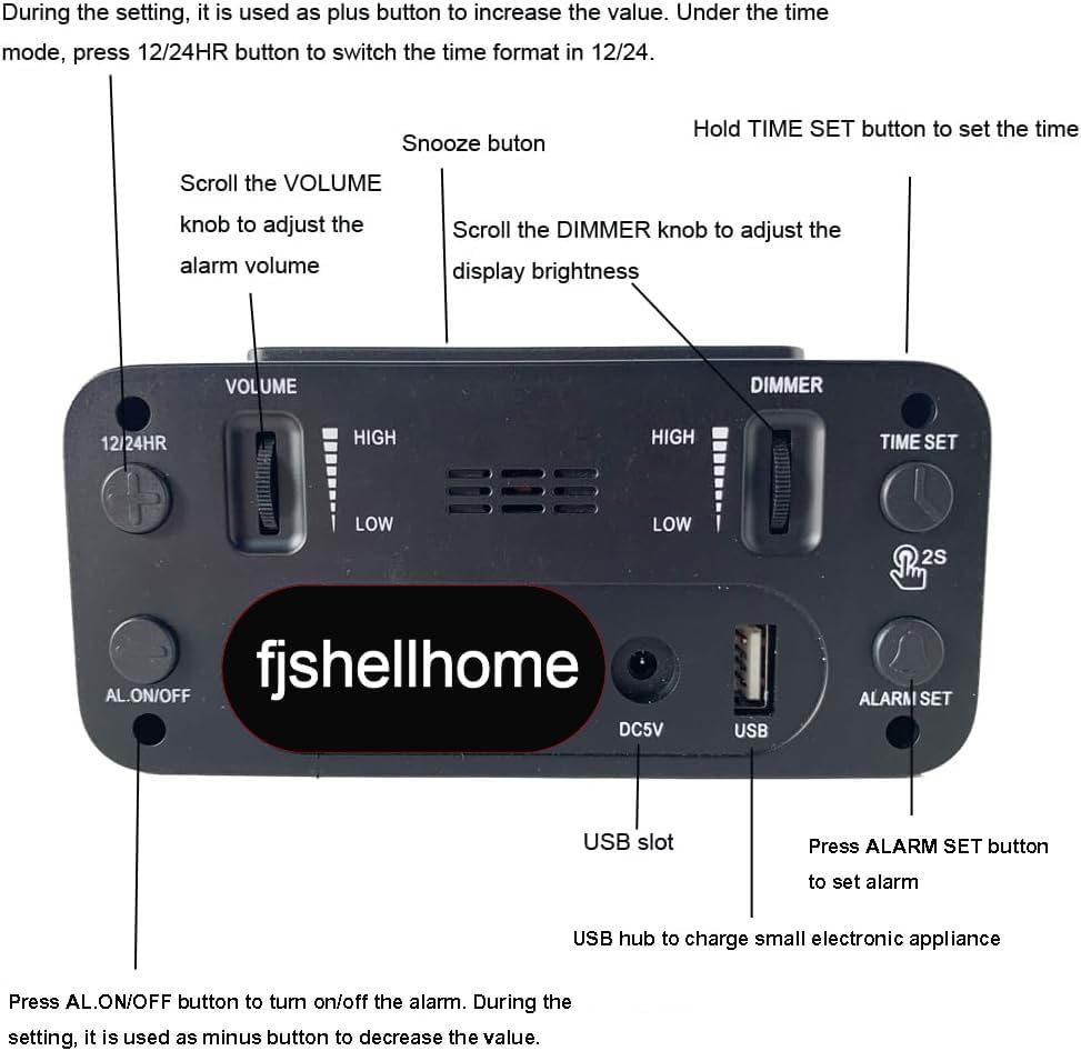 Miniatura 4 de Reloj despertador cuadrado LED individual con función de repetición para dormitorio, pantalla LED transparente, atenuador y perilla de volumen,