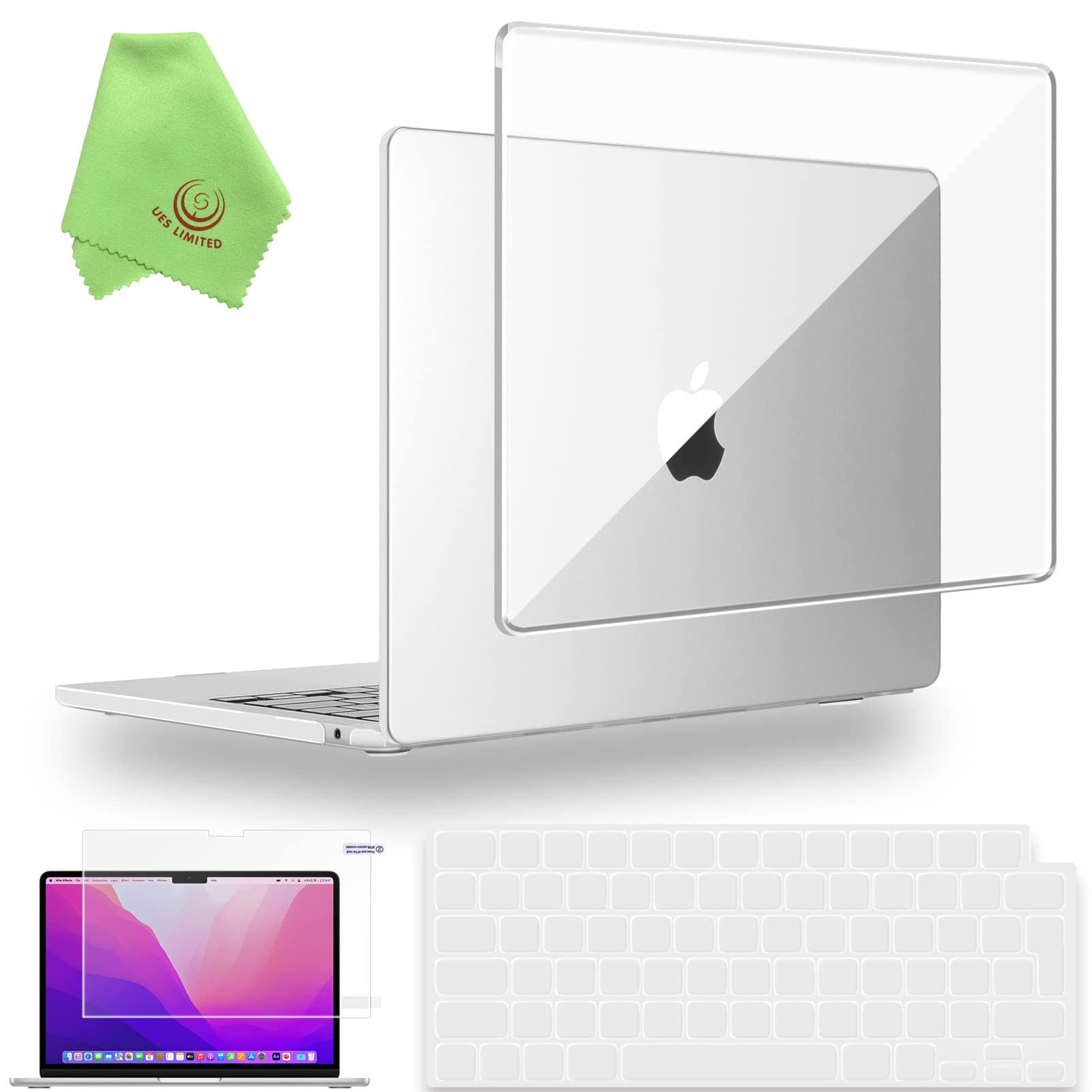 UESWILL4in1 for MacBook Air 13 inch M2/M3/M4 chip, 2022-2025 Release, Models A3240 A3113 A2681, Glossy Crystal Hard Shell Case + Keyboard Cover + Screen Protector + Microfiber Cloth, Transparent
