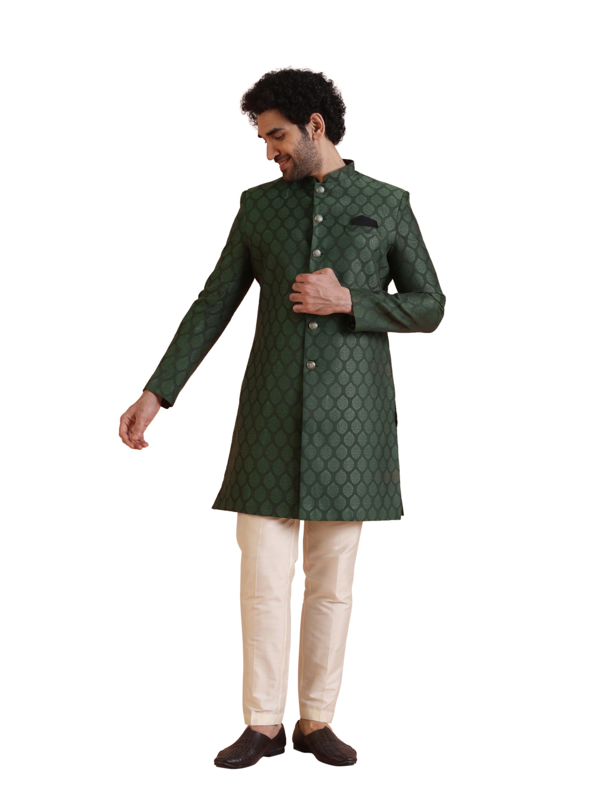 Kisah Men's Indo-Western Sherwani Trouser Set, Olive Silk Blend, Woven Design Regular Fit Mandarin Collar Long Sleeves (L)