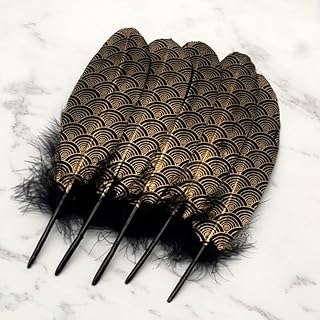 30 Pcs Gold Dipped Black Goose Feathers 6-9 Inch Gold Patterned Cloud Feather for