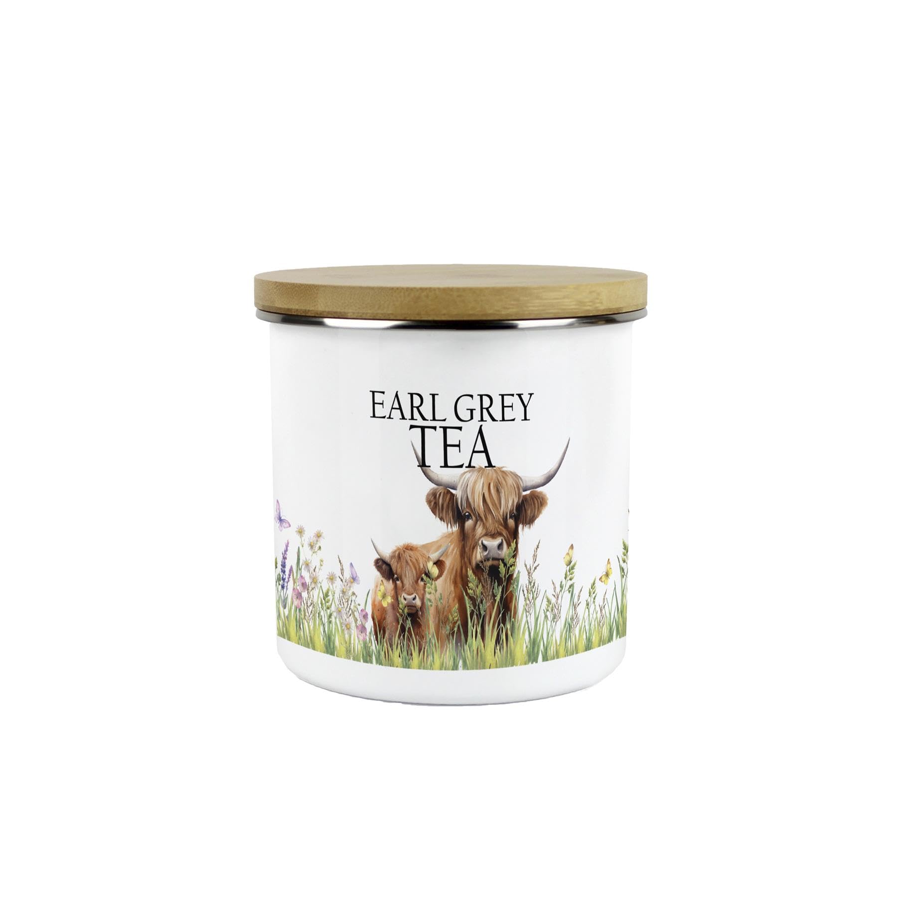 Purely Home Highland Cow & Calf Earl Grey Tea Canister - Country Farm - White Metal Enamel Medium Sized Kitchen Food Storage Container