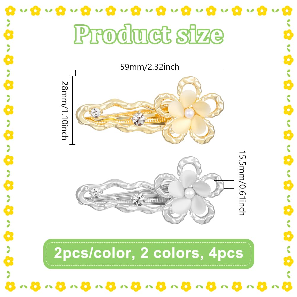HOBBIESAY 4Pcs Flower Snap Hair Clips Alloy Rhinestone Flower Barrettes Gold and Silver Cute Hairpins Beautiful Hair Accessories for Women Party Festival Decoration 2 Colors 1.1x2.3 Inches - Image 2