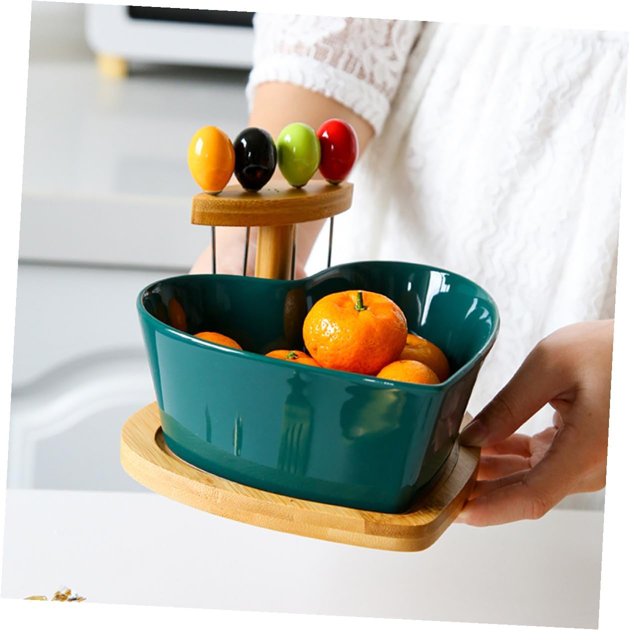 Heart Shaped Ceramic Salad Bowl with Forks, Green Porcelain Fruit and Snack Bowl for Kitchen and Living Room, Household Tableware for Serving Desserts and Salads