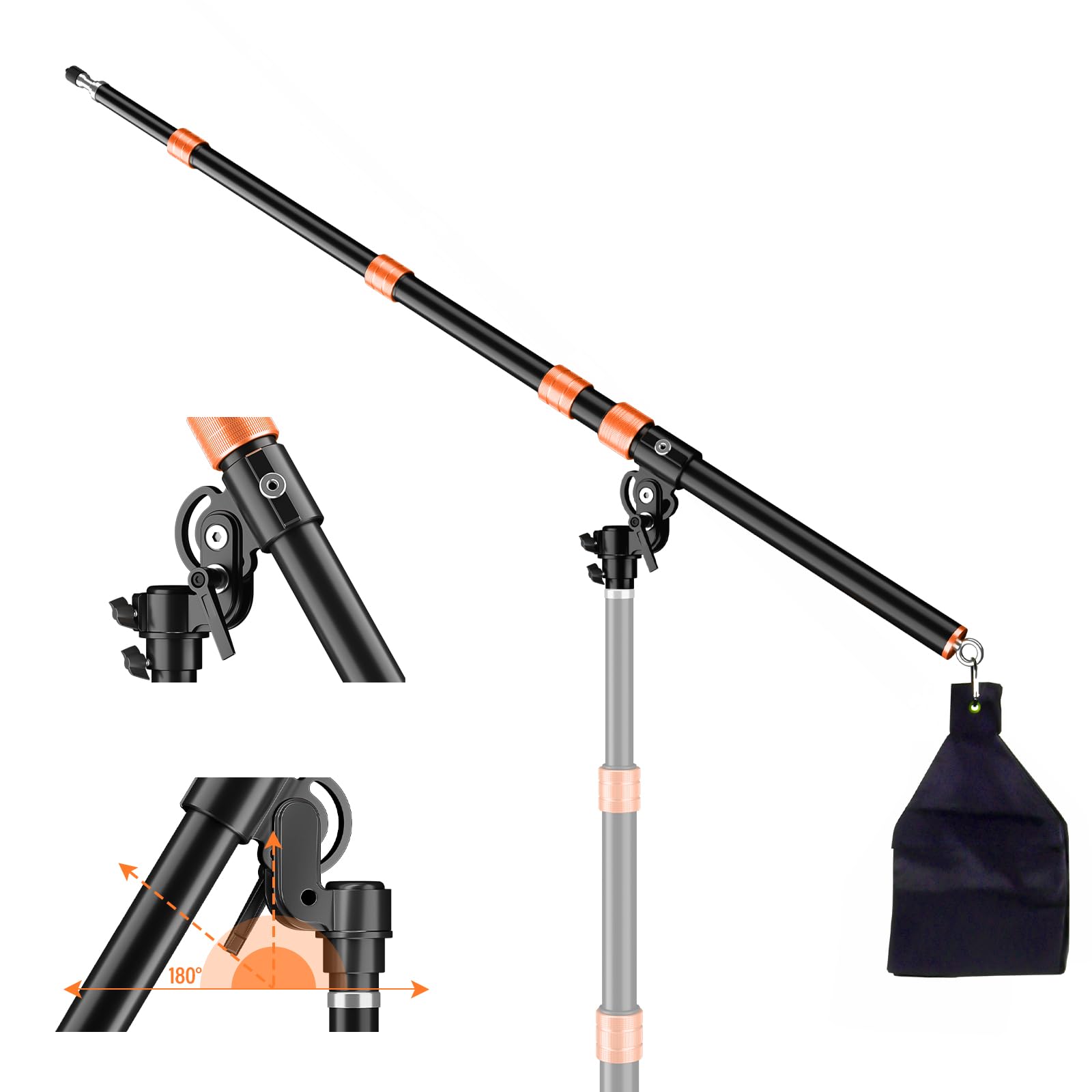 Soonpho Galgen Metall-Auslegerarm für Lampenstativarm Aluminium Ausziehbar von 59 bis 160cm 3-Teilig Teleskopisch 5kg Tragkraft mit Sanbags Verlängerungsarm für Fotografie (Orange)