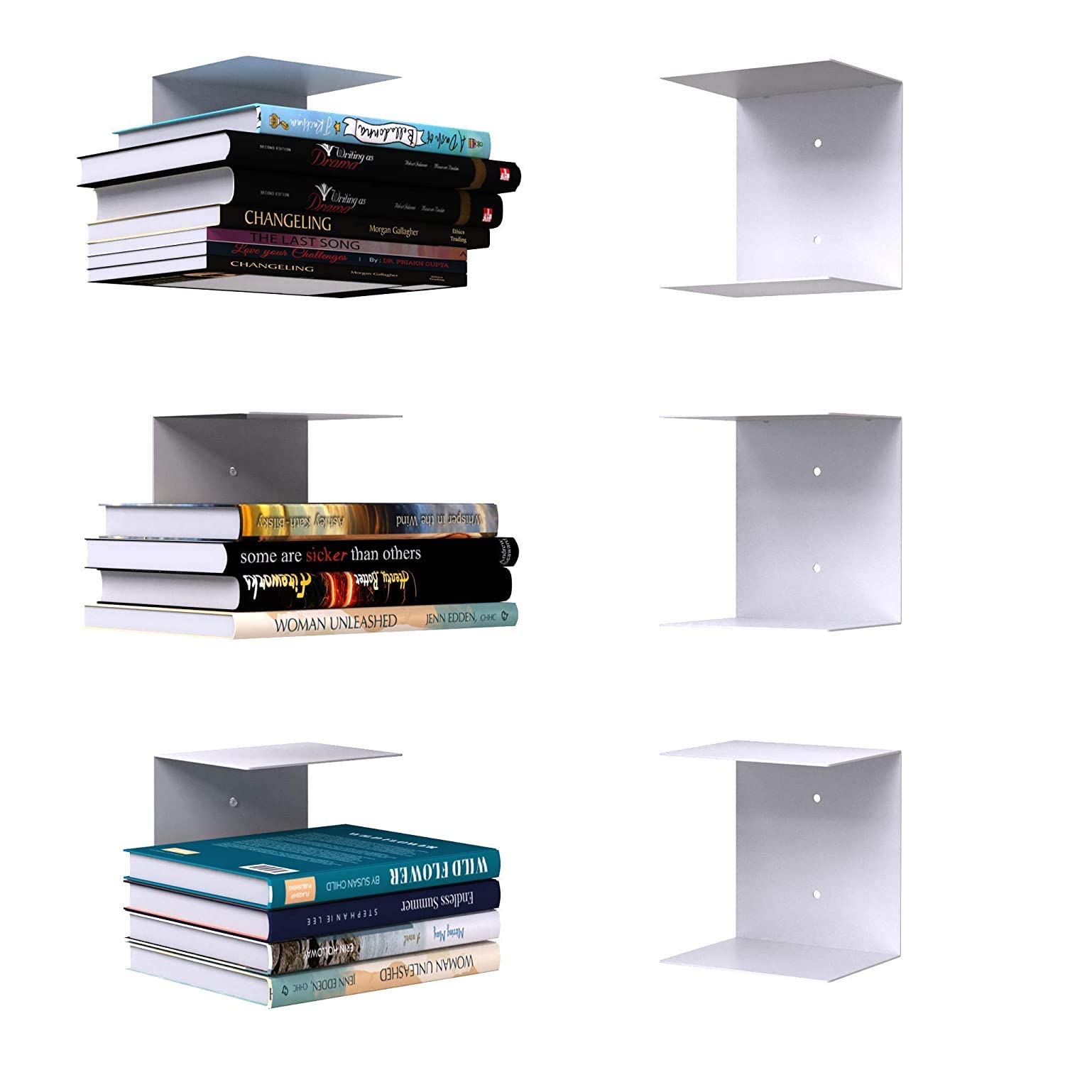 AYMH® Multipurpose Shelf Wall Mounted Metal Invisible Book Shelves with Hard Cover Small and Medium Size Books | Bookcase for Home| Storage Organizer Shelf Cabinet (Set of 3, White)