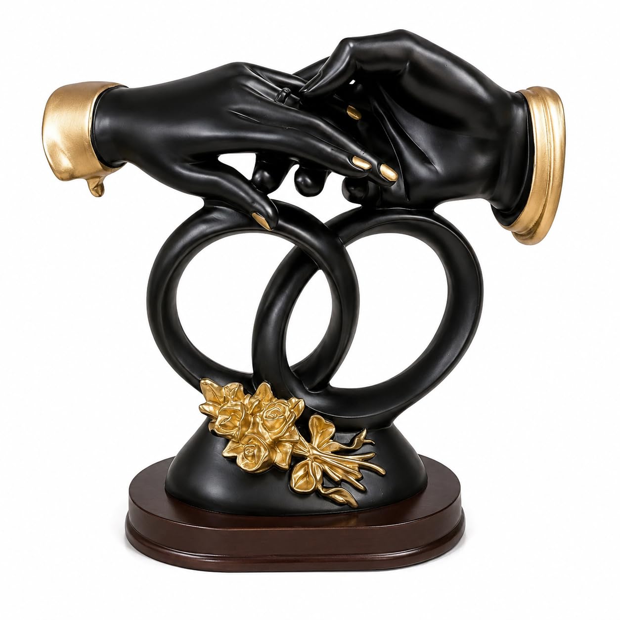 JRose Collections Romántico anillo de manos para pareja, adorno de resina, 20 x 20 cm, anillos entrelazados, figura de amor para decoración del hogar, regalo de boda, compromiso, negro o blanco (negro