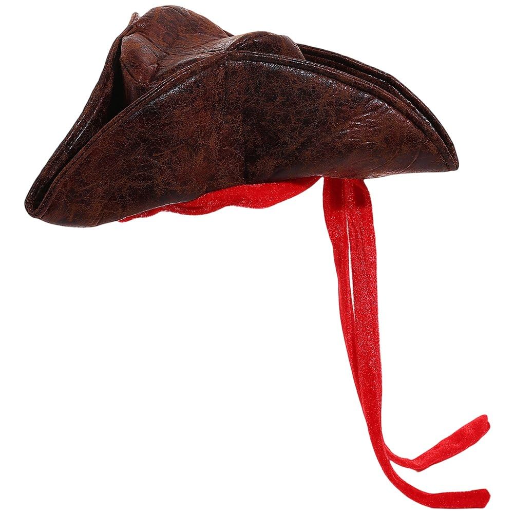 Sslvya Suede Pirate Hat with Red Ribbon Medieval Cosplay Hat Colonial Style Headwear for Halloween Carnival Masquerade Props