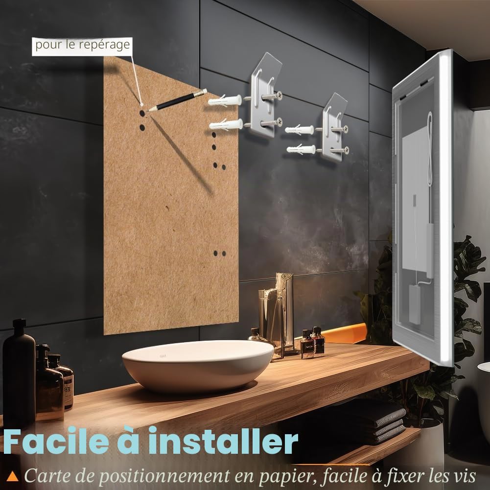 KWW 80 x 100 cm LED Salle de Bain Vanity Mirror, Lampe Anti - Brouillard, Facile à Installer, Miroir de Vanité Mural Horizontal/Vertical avec Bouton Tactile Intelligent