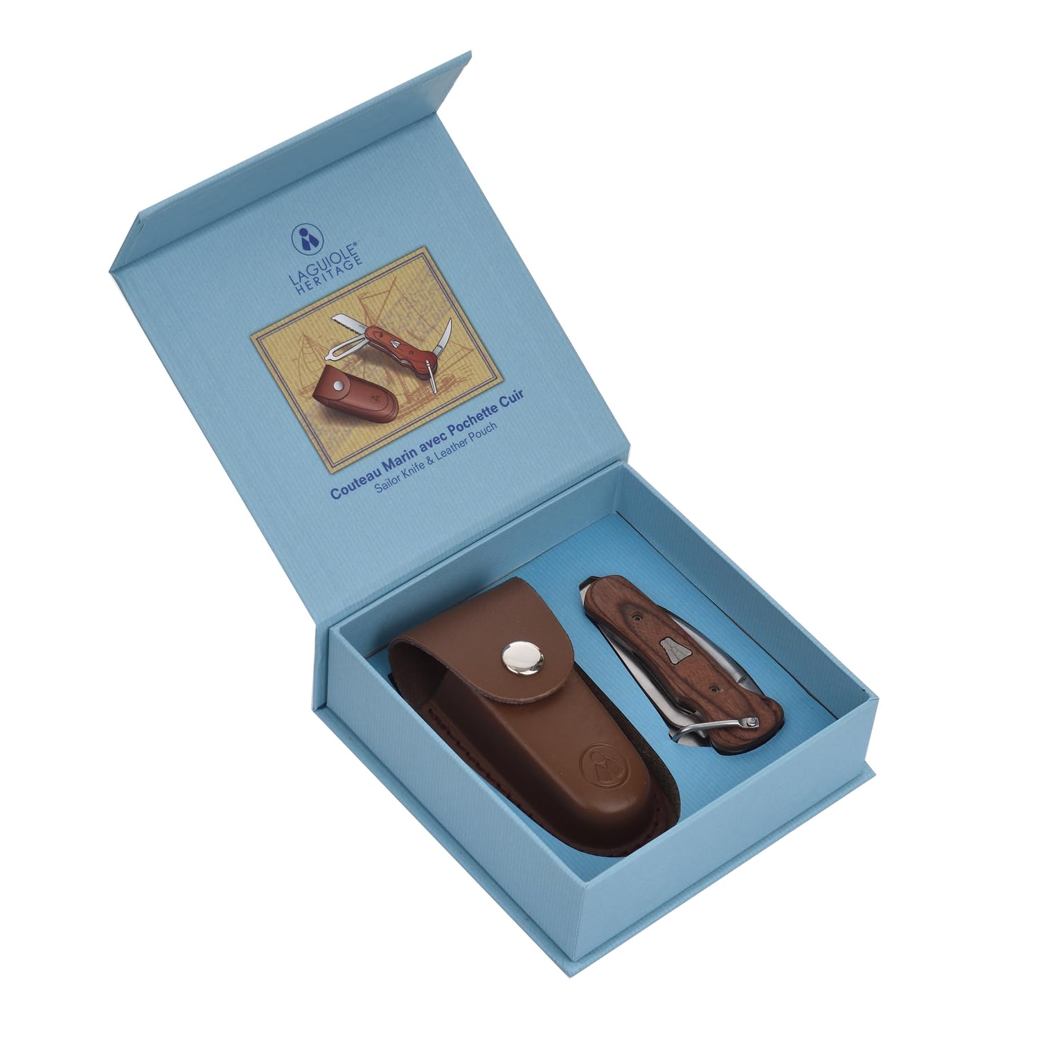 LAGUIOLE HERITAGE - Couteau Pliant de Marin - Coffret cadeau - Couteau Multifonctions - Livré avec un étui en cuir, Marron