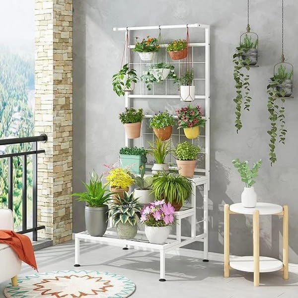 Kundi 6 Tier Plant Stands for Indoors and Outdoors, Flower Pot Holder Shelf for Multi Plants, Black Metal Plant Stand for Patio L-32 x W-10 x H-29 inches (HIGH SHAPE WHITE)