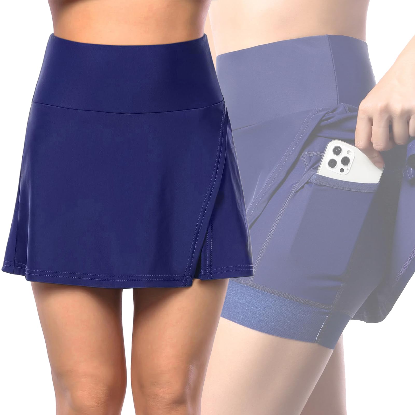 Damskie spódnice rowerowe 2 w 1 z wyściełanymi spodenkami Letnia oddychająca szybkoschnąca spódnica rowerowa z kieszeniami Spodenki Wysoki stan Bieganie Trening Lekkoatletyczny,Blue-S
