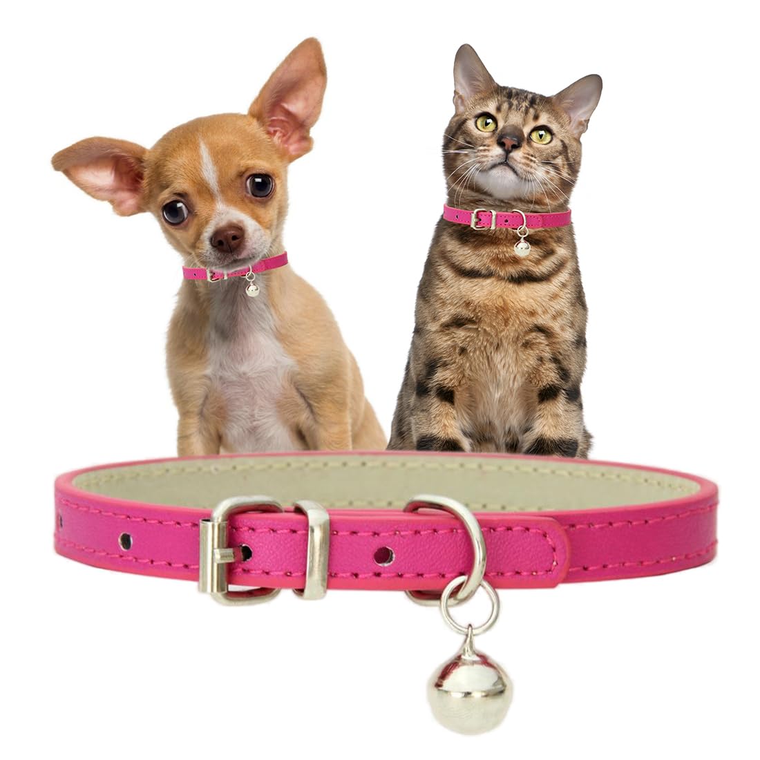 Puppy Collar with Bell, Hot Pink Faux Leather Kitten Collar with Bells Pu Basic Girl Dog Collars for XXS XSmall Small Medium Pet Female Dogs Little