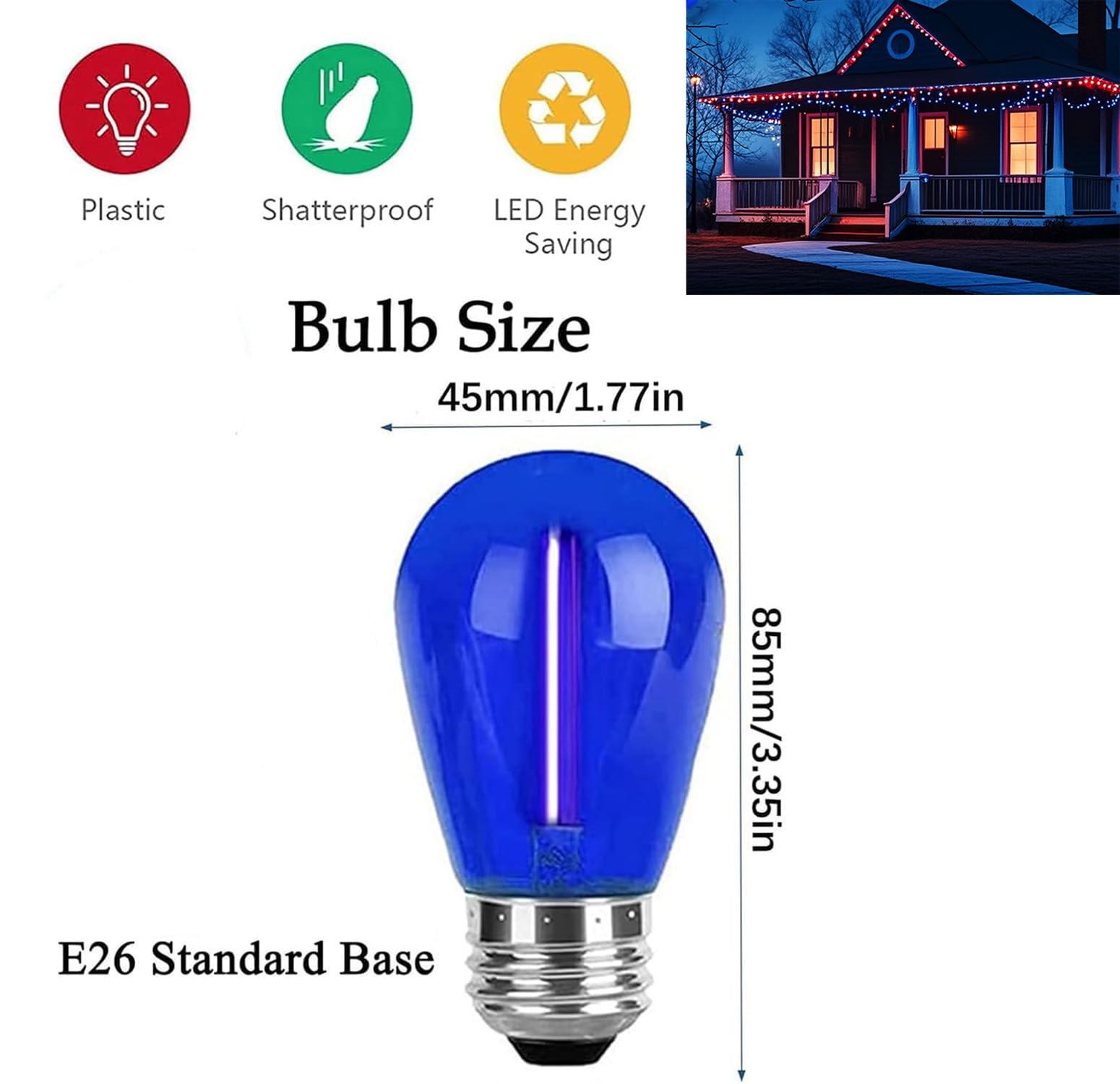 15 Stück S14 LED-Glühbirnen, blaue Weihnachts-Ersatzbirne, 1 W Lichterkette, Vintage-Edison-Kunststoff-Deko-Birne, E26-Sockel, Outdoor-Lichterkette, LED-Filament-Birne für Terrasse
