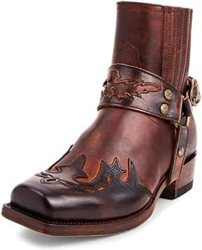 Mens Belt Strap Studded Western Cowboy Boots Square Toe Vintage Embroidery Pull On Ankle Boots Mens Fashionable Western Boots, Coffee