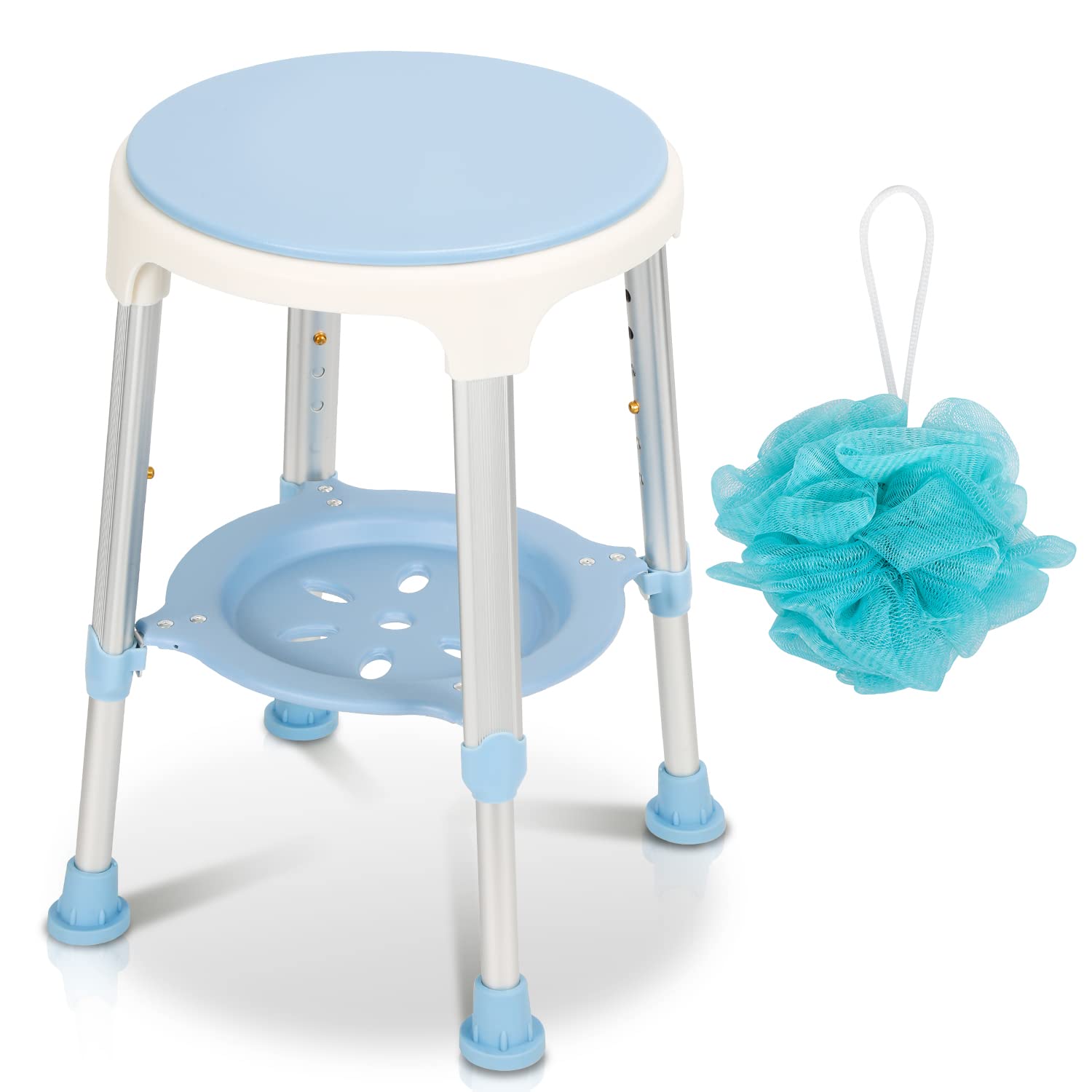 Taburete de ducha giratorio 360°, taburete de baño y asiento con espacio de almacenamiento, altura ajustable, 42-54 cm, carga 136 kg, taburete de baño estable para la ducha