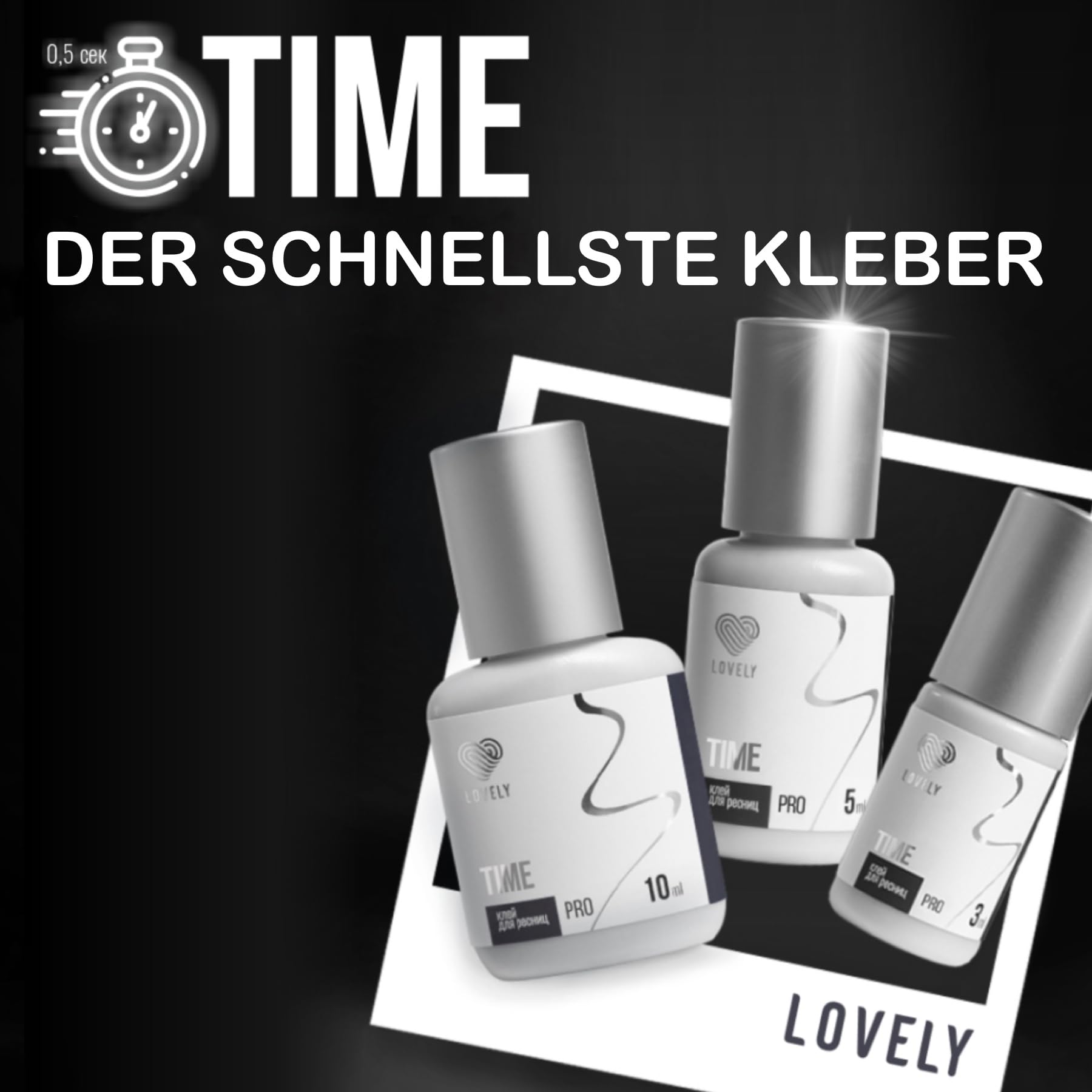 LOVELY Wimpernkleber TIME - schneller Kleber, Trocknungszeit 0,5 Sek. bis zu 8 Wochen Halt, Hypoallergen - Wimpernkleber für Wimpernverlängerung geeignet für Studios & Fremdanwendung - 5ml Schwarz