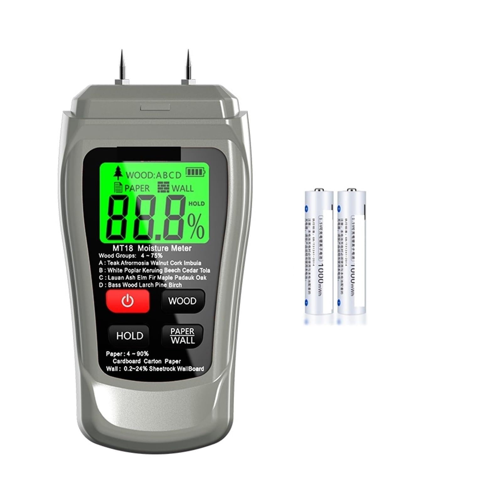 Medidor de humedad, Medidor de humedad madera digital MT-18 gris 0 a 99,9% con dos clavijas, comprobador papel, higrómetro pared, detector Para jardinería y agricultura(Grey with battery)