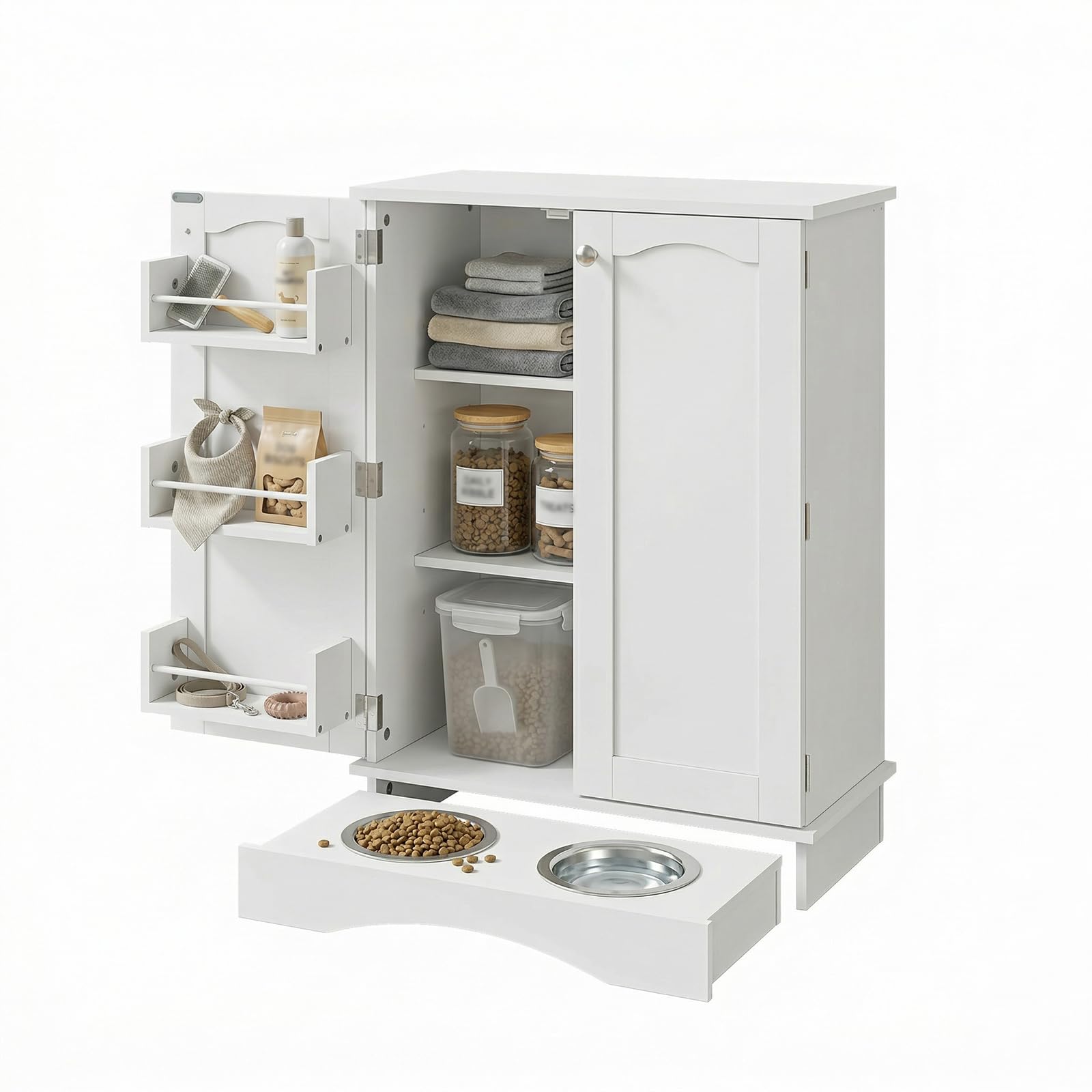 Armario para Comida de Perro con 2 Cuencos de Acero Inoxidable, Estación de Alimentación para Mascotas con Estantes Ajustables y Almacenamiento Lateral, Blanco, 59,7 x 31 x 80,5 cm