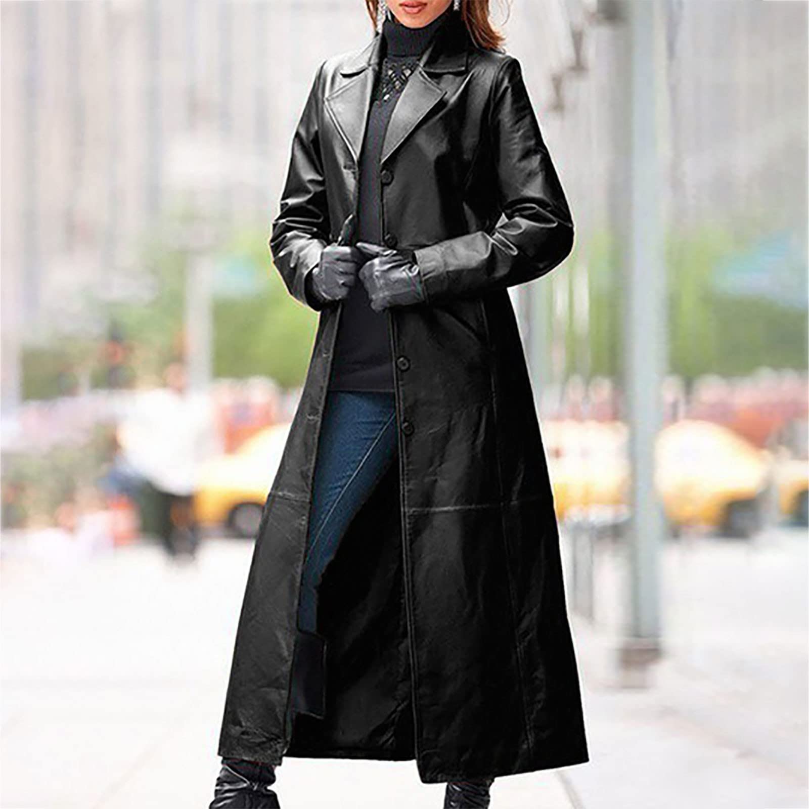 Ledermantel Damen Einfarbige Windjacke aus Kunstleder Winterjacke mit Langem Turnkragen Lässiger Langarm Leder Cardigan Gothic Übergangsjacke Warmer Oberbekleidung