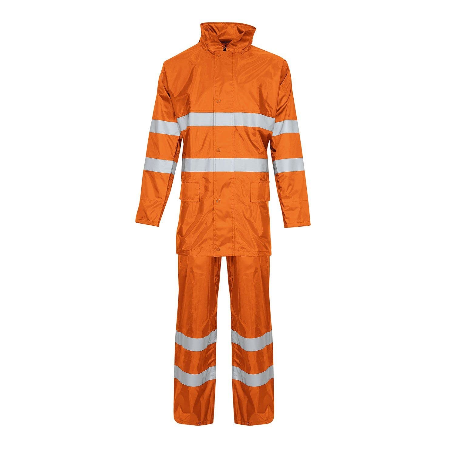 Unisex Hi Vis Viz Plain Rainsuit Jacket Trouser High Visibility Waterproof Hooded Rain Suit 2 Piece Set (Orange (Hi Vis), XL)