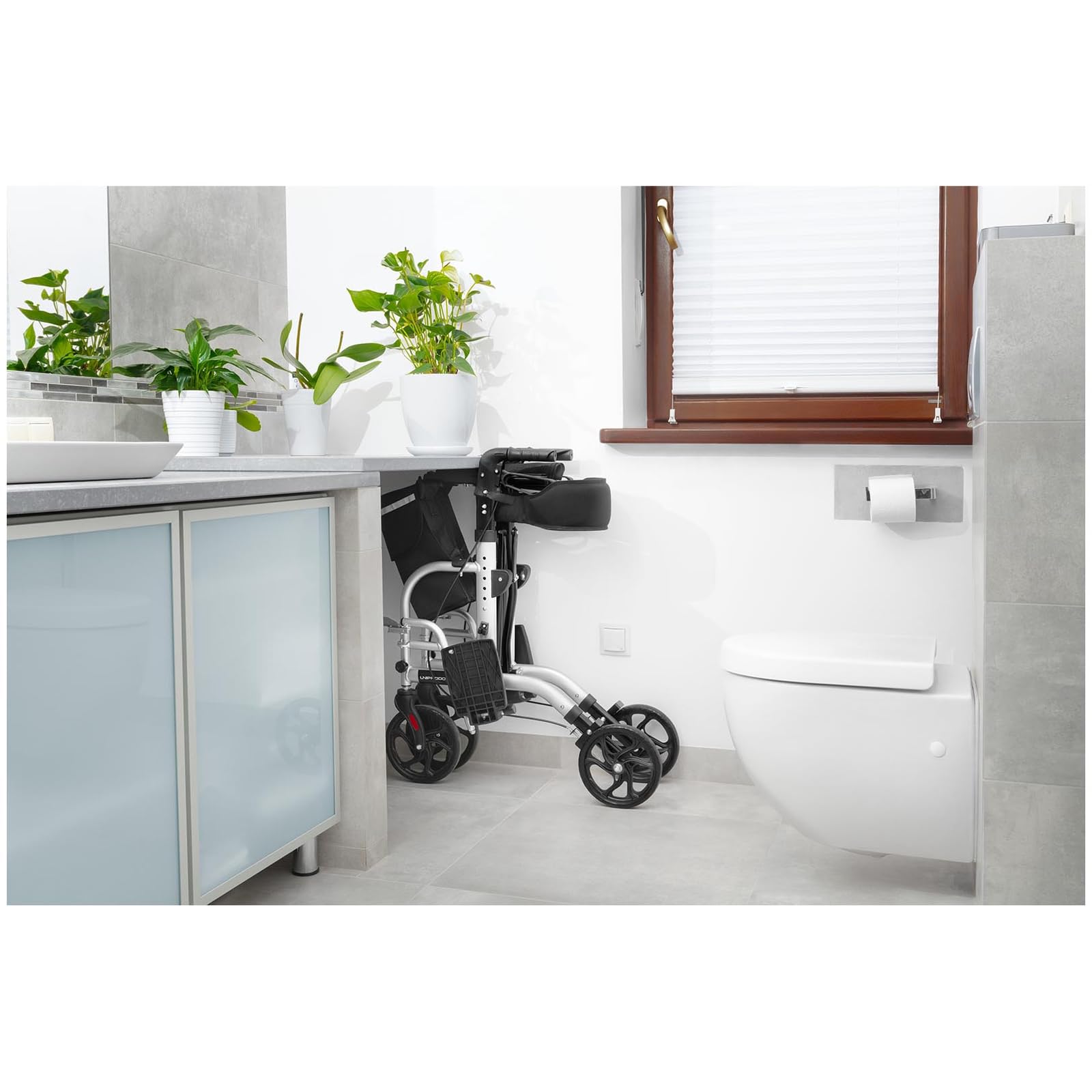 Deambulatore 2 in 1 Rollator per Anziani Sedia a Spinta per Trasporto UNI_ROLL_03 2in1 (Argento, 136 kg, Alluminio, Borsa per la Spesa, 4 Ruote)