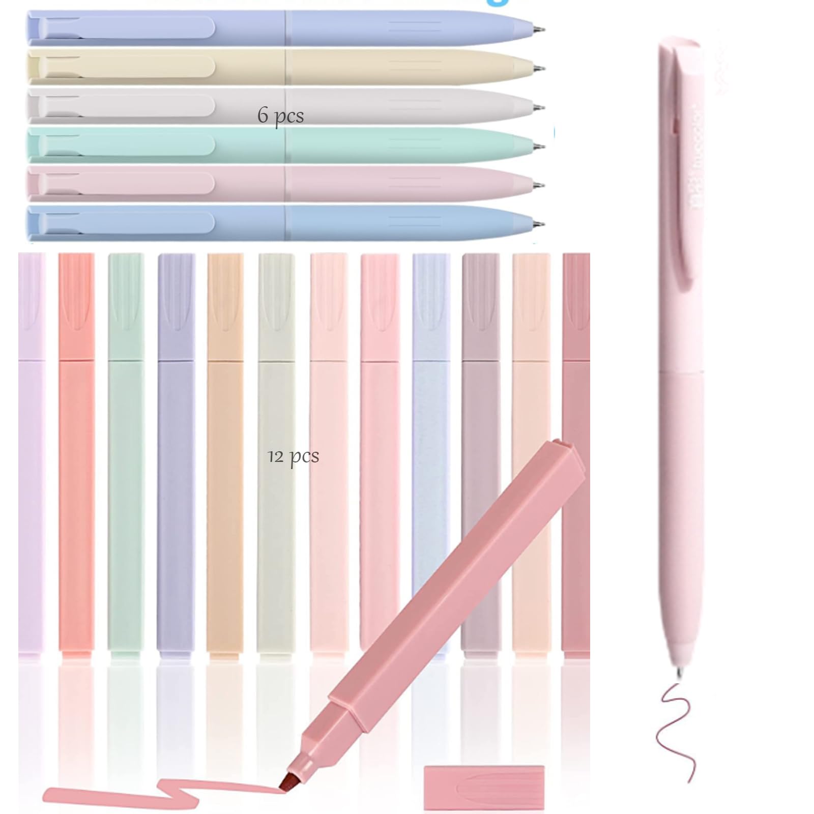 Pastel Highlighters Stationery Set, 12 Aesthetic Highlighters and 6 Gel Pens Stationery Aesthetic Cute Assorted Colors Tip Bible Pens No Bleed for Journaling Notes School Office Supplie