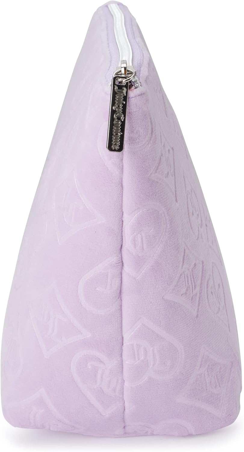 Juicy Couture Lavender Purple Makeup Bag Cosmetics Organizer Travel Essentials Zip Top Wedge Velour Heart Diamond