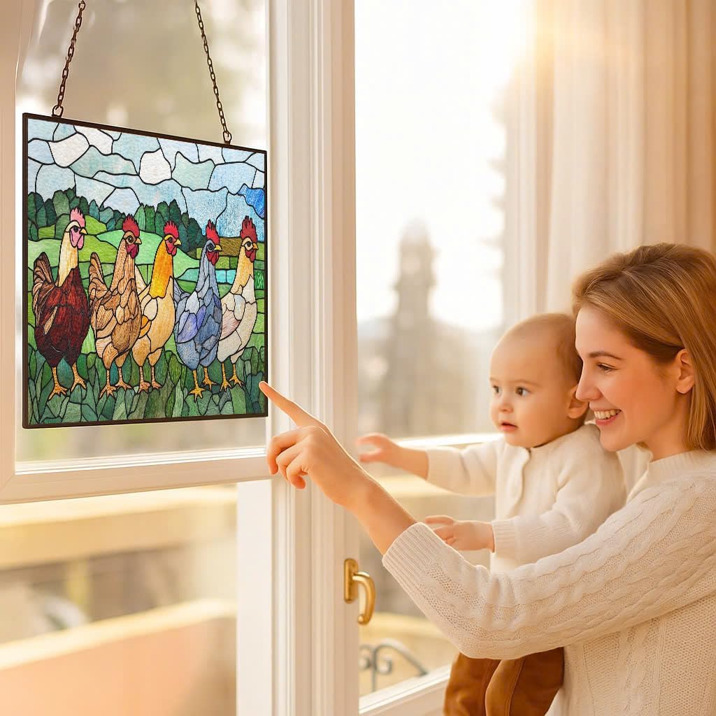 Rectangle Vintage Chicken in The Backyard Stained Glass Window Hanging Customized Suncatcher Glass Panel with Metal Chain Sun Catchers Wall Art Home Decor Gift for Women Mother's Day