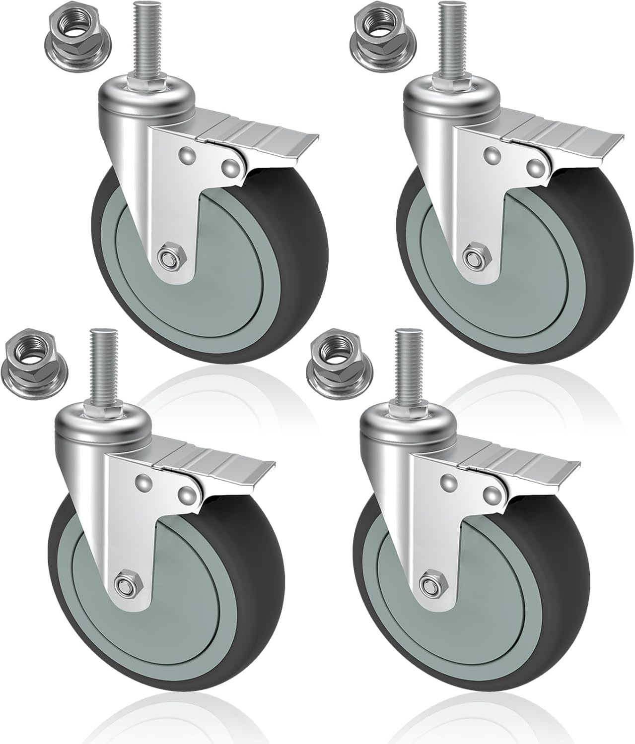 AAGUT 4 Inch Brake Stem Casters 1/2"-13x1-1/2, Swivel Stem Wheel, Replacement Caster Wheels Heavy Duty for Wire Shelving Racks Set of 4 4 Inch - (1/2"-13 x 1.5")