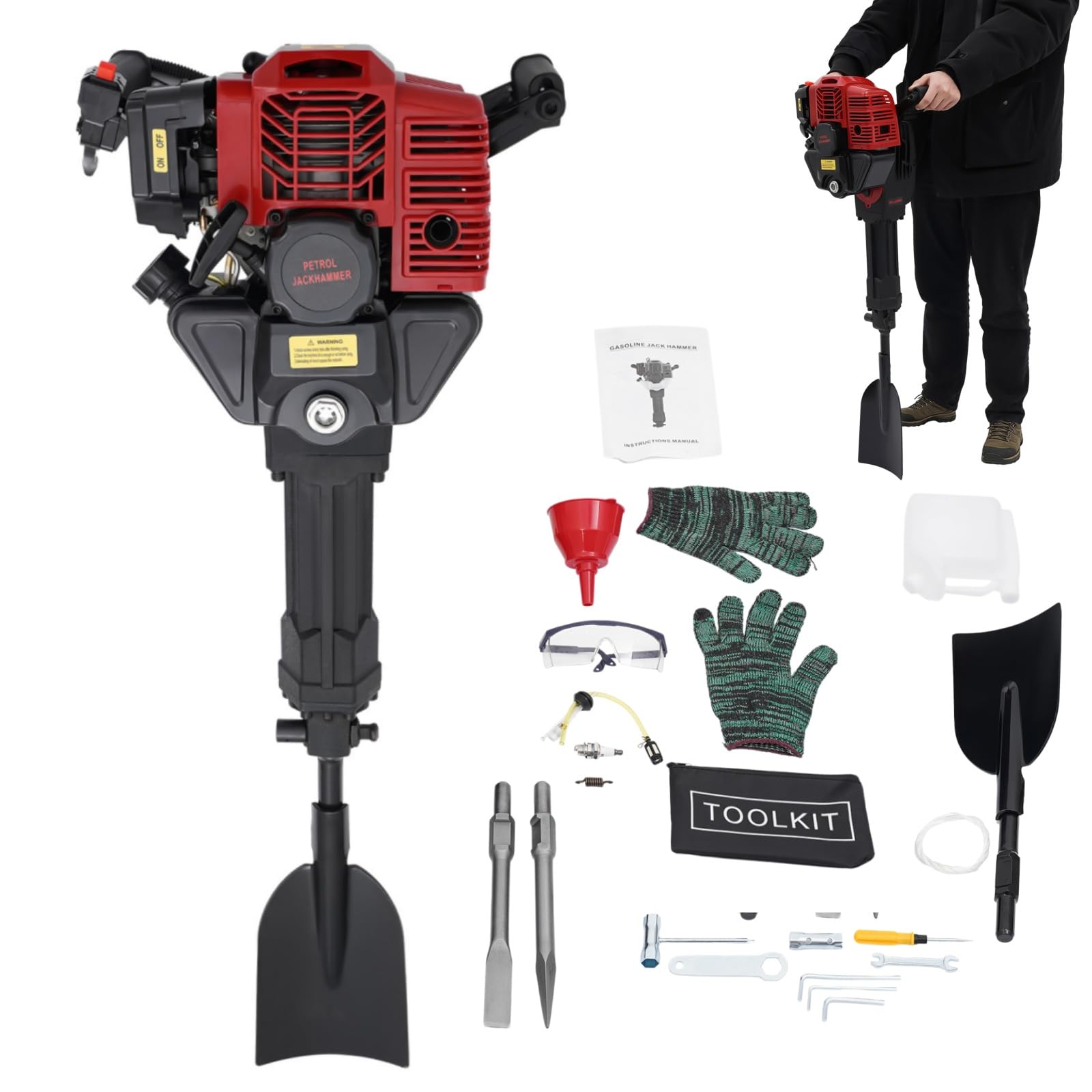 52CC Escavatore a benzina, 1900 W, motore a 2 tempi, 2 in 1, portatile, per albero da giardino, escavatore e cemento con pala, brufolo a punta e piccone piatto, per fattoria, giardino